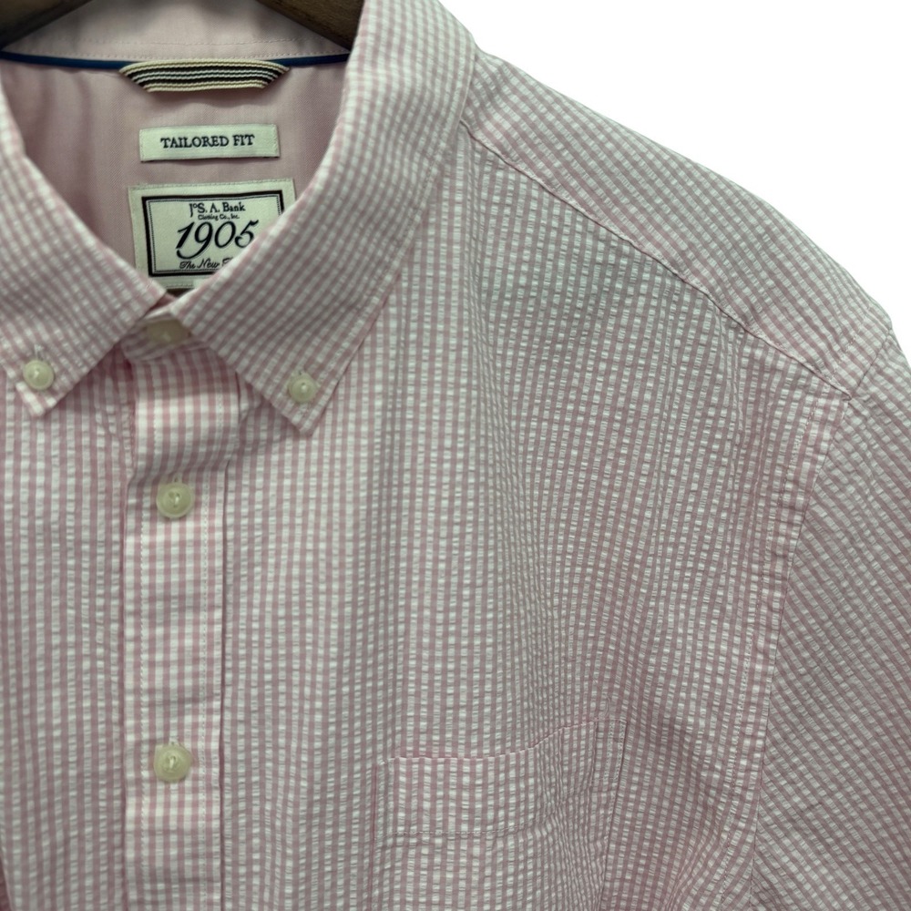 Jos A Bank 1905 Seersucker Shirt Mens XL Pink White Gingham Check Tailored Fit